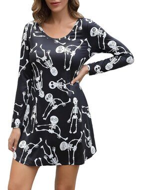🎃Women's Skeleton Halloween Long Sleeve Print Swing Short Cute Costume Dresses